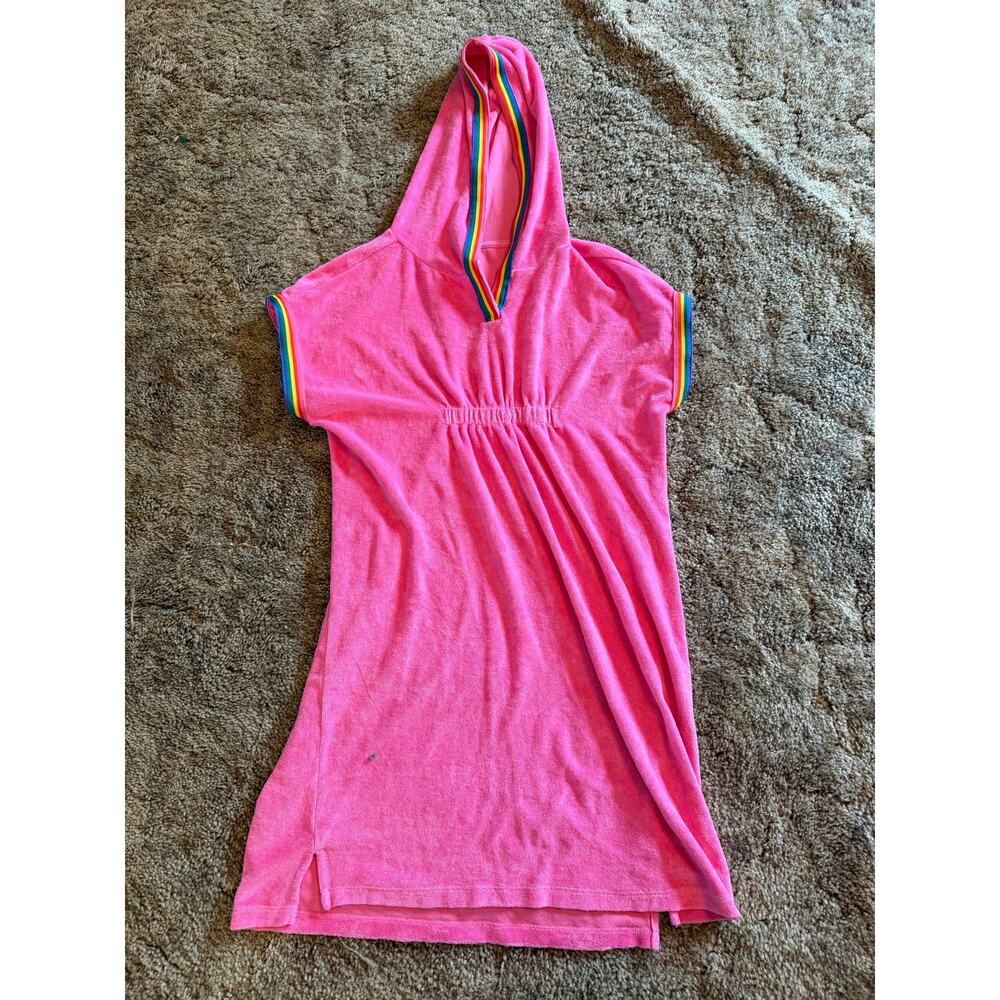 Hanna Andersson Girls Pink Terry Cloth Hooded Swim Cover Up Dress Rainbow Trim